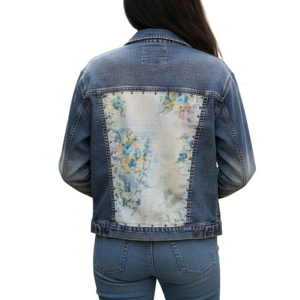Mechant Womens Medium Denim Jacket Floral Satin Back Studded Blue Boho J5132